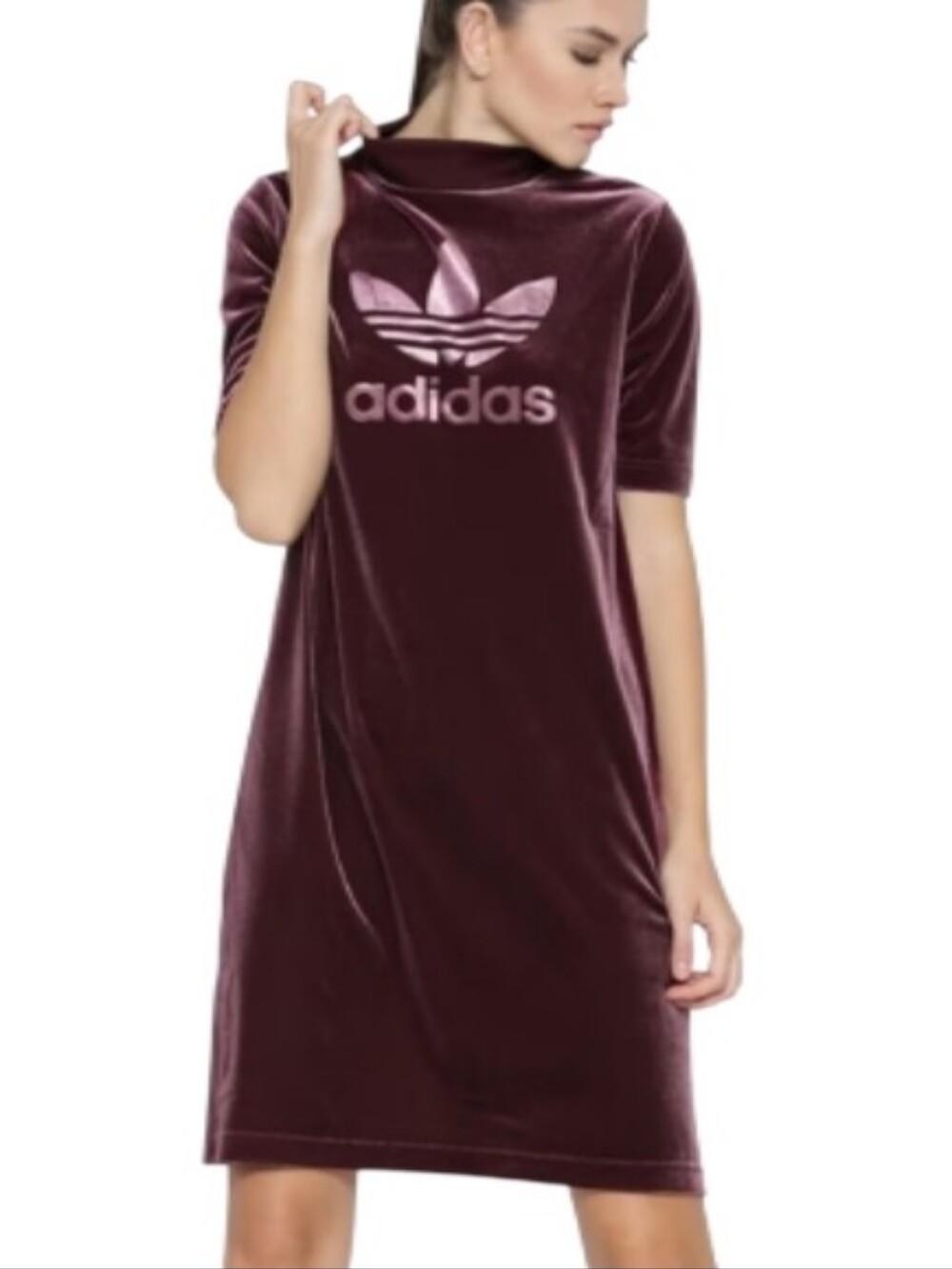 adidas Velvet Logo T-Shirt Dress in Deep Burgundy with Metallic Pink Logo